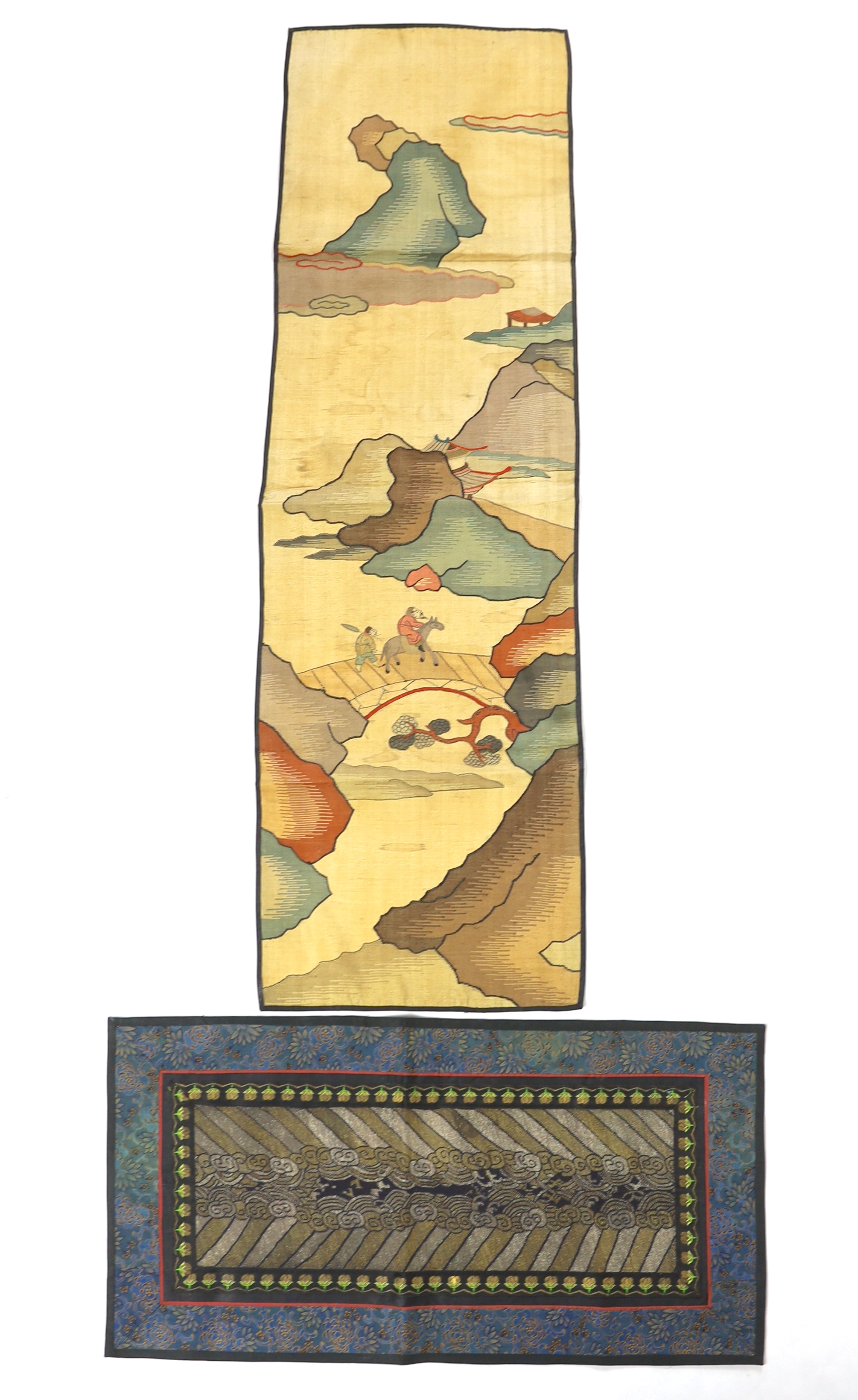 A Chinese late Qing dynasty Kesi polychrome silk hanging, depicting a figure on horseback and another walking within a mountainous landscape, together with a smaller later metallic Kesi panel of stylistic 'lishui waves',